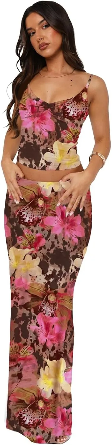 Two Piece Skirt Set for Women - Sexy 2 Pc Sleeveless Spaghetti Strap Pleated Tank Top Maxi Long Skirts Sets