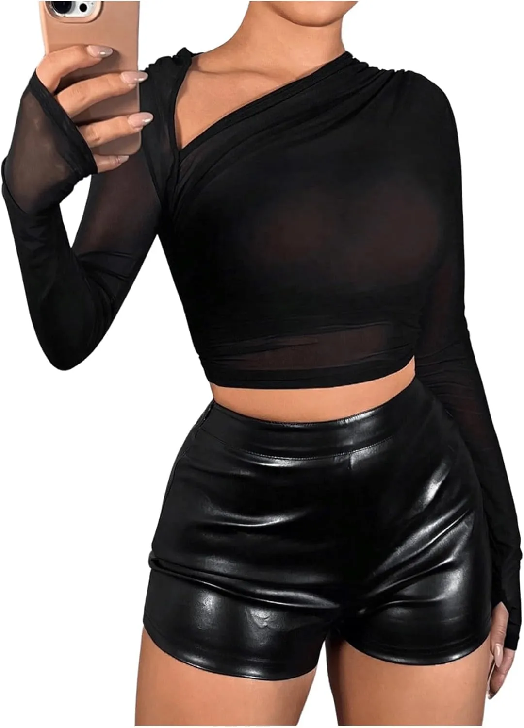 Verdusa Women's Y2k Mesh Long Sleeve Crop Tops Asymmetrical Neck Ruched Fitted T Shirts