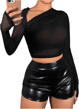 Verdusa Women's Y2k Mesh Long Sleeve Crop Tops Asymmetrical Neck Ruched Fitted T Shirts