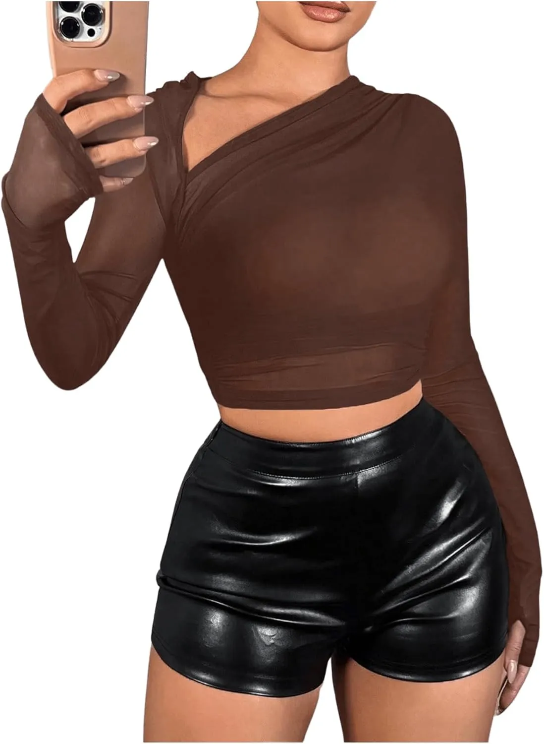 Verdusa Women's Y2k Mesh Long Sleeve Crop Tops Asymmetrical Neck Ruched Fitted T Shirts