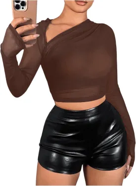 Verdusa Women's Y2k Mesh Long Sleeve Crop Tops Asymmetrical Neck Ruched Fitted T Shirts