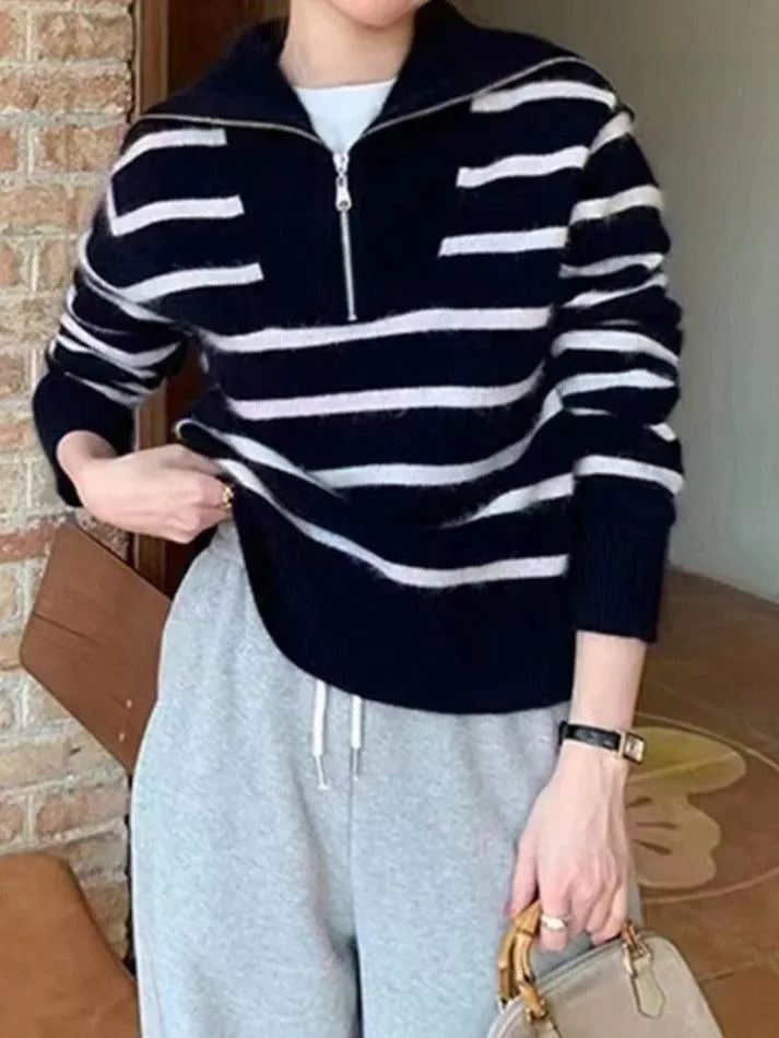 Wenkouban-Spring Casual Outfits Y2K Outfits Stripe Splice Lapel Neck Half Zip Sweater