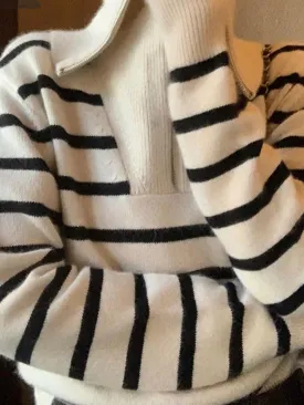 Wenkouban-Spring Casual Outfits Y2K Outfits Stripe Splice Lapel Neck Half Zip Sweater
