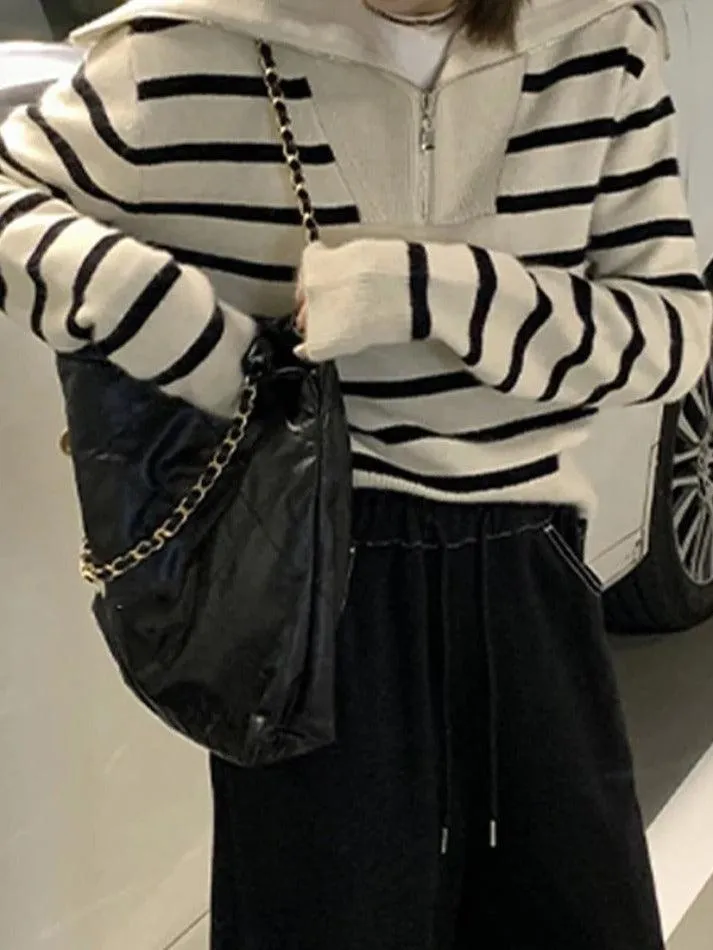 Wenkouban-Spring Casual Outfits Y2K Outfits Stripe Splice Lapel Neck Half Zip Sweater