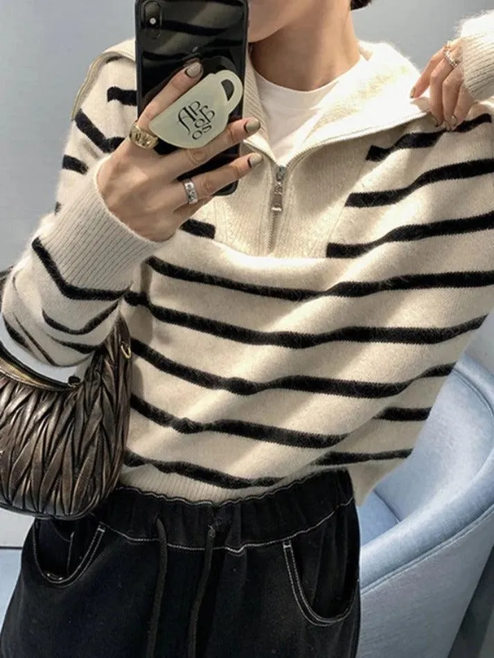 Wenkouban-Spring Casual Outfits Y2K Outfits Stripe Splice Lapel Neck Half Zip Sweater
