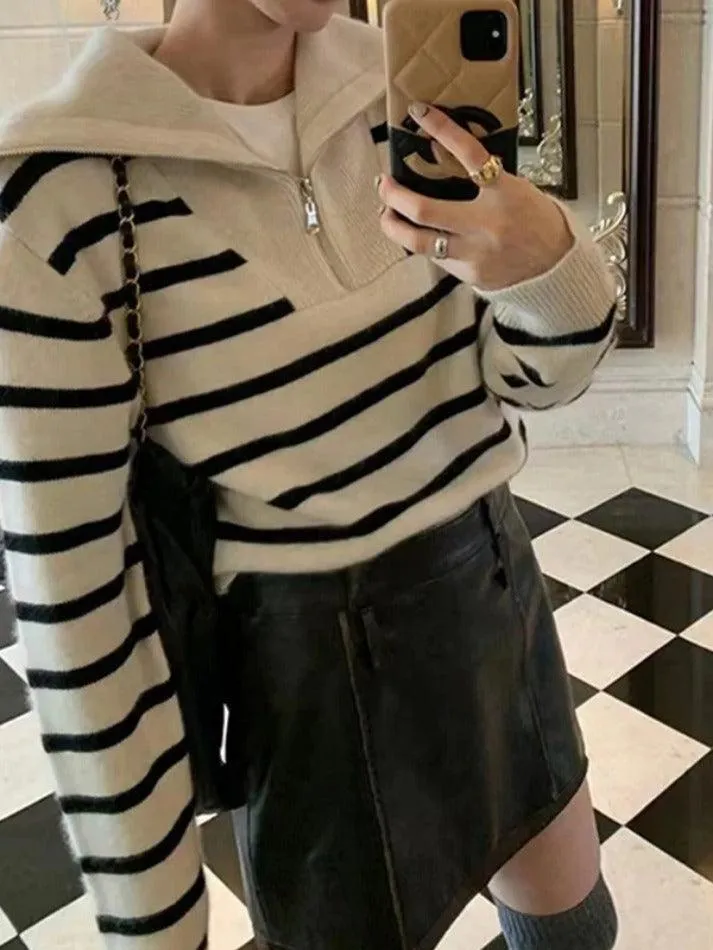 Wenkouban-Spring Casual Outfits Y2K Outfits Stripe Splice Lapel Neck Half Zip Sweater