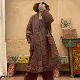 Winter Linen Padded Coat for Women in Orange Linen Print