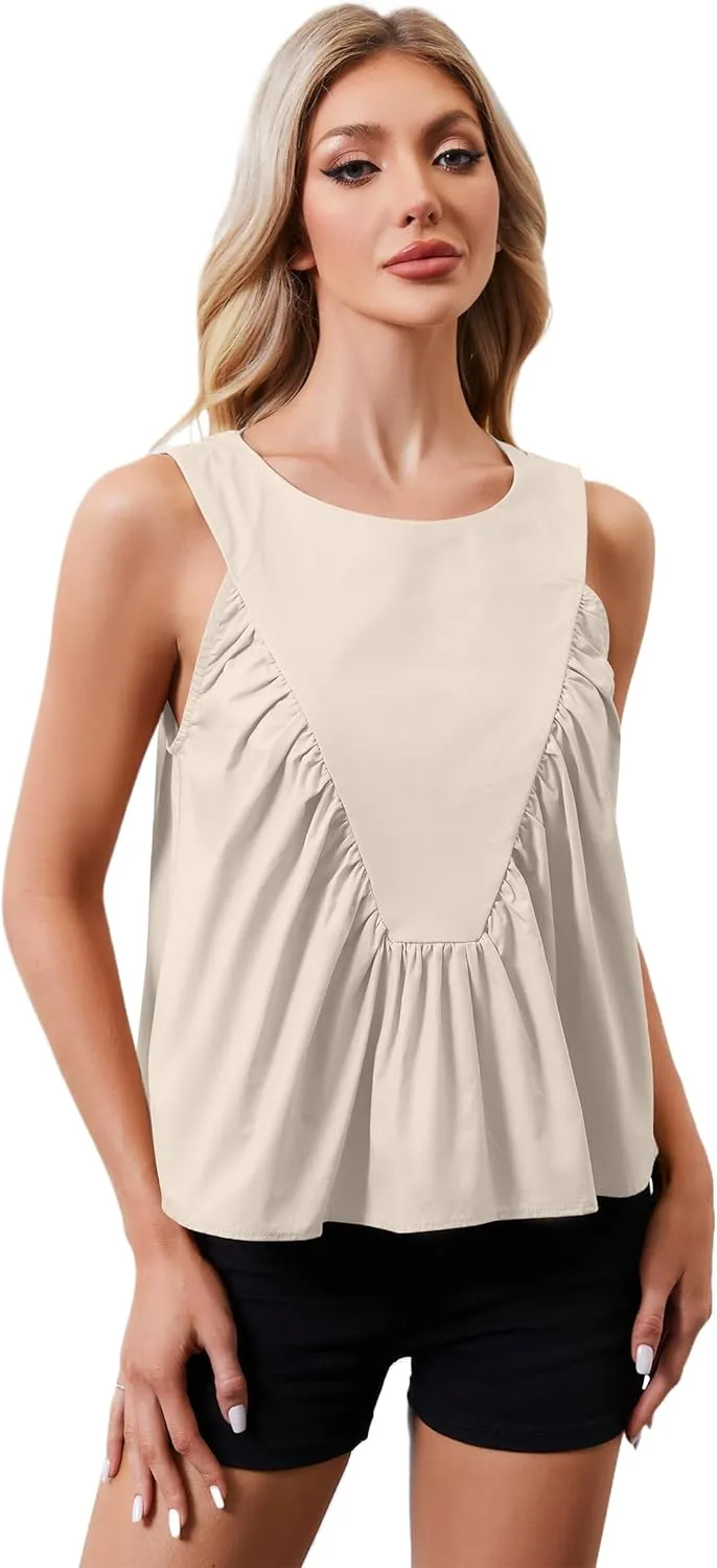 Women Babydoll Peplum Tank Tops Sleeveless Smocked Shirt Top Ruffle Hem Loose Fit Ruched Top Summer Shirred Tops