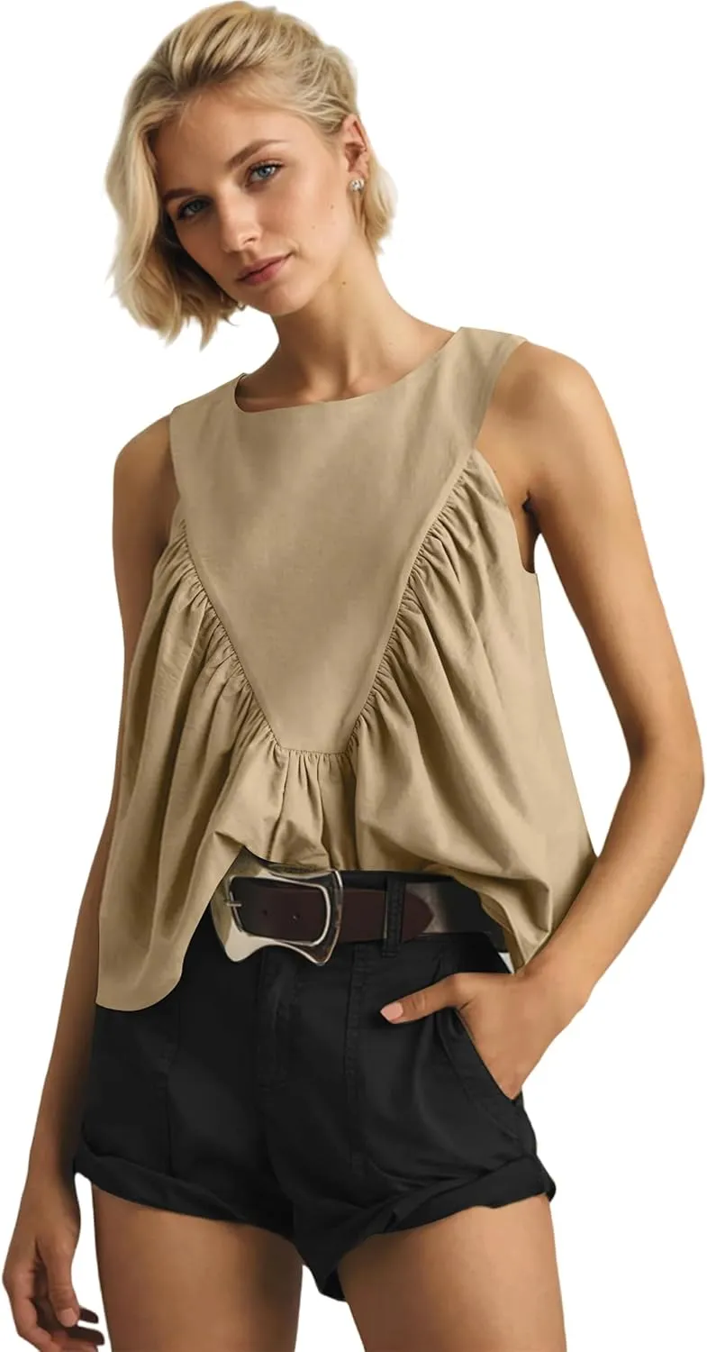 Women Babydoll Peplum Tank Tops Sleeveless Smocked Shirt Top Ruffle Hem Loose Fit Ruched Top Summer Shirred Tops