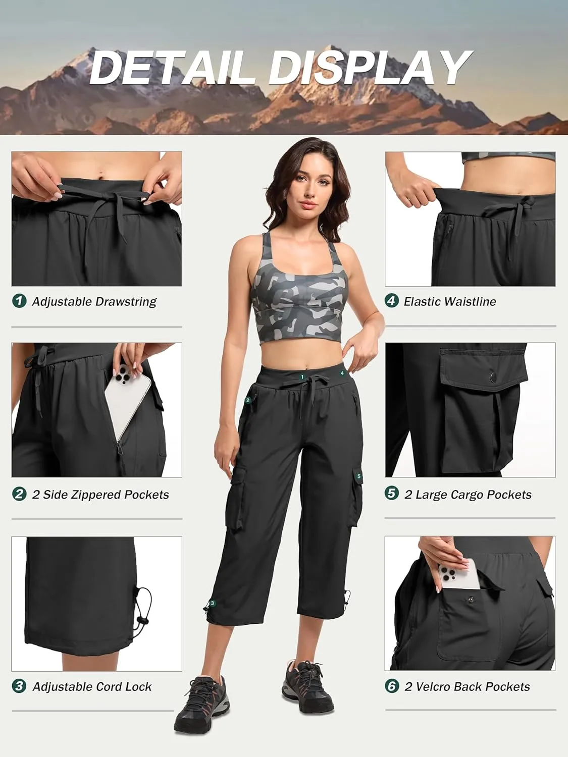 Women's Cargo Capris Hiking Pants Lightweight Quick Dry Summer Travel Athletic Outdoor Elastic Waist Loose Casual