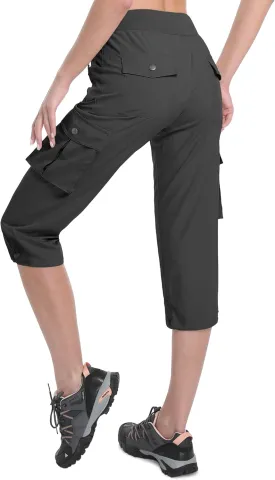 Women's Cargo Capris Hiking Pants Lightweight Quick Dry Summer Travel Athletic Outdoor Elastic Waist Loose Casual