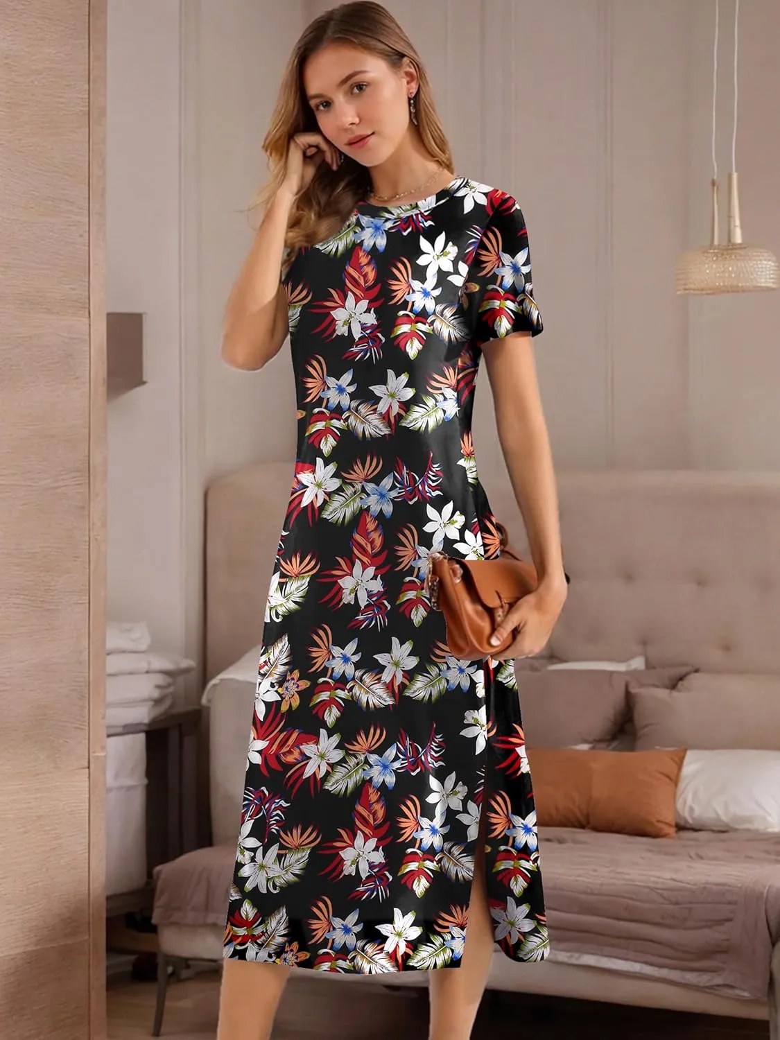 Womens Maxi Dresses Split Casual T Shirt Dress with Pockets Crew Neck Short Sleeve Summer Dresses