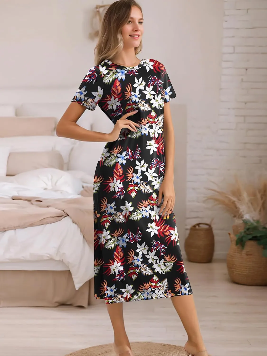 Womens Maxi Dresses Split Casual T Shirt Dress with Pockets Crew Neck Short Sleeve Summer Dresses