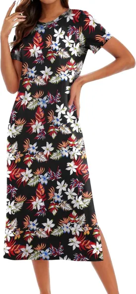 Womens Maxi Dresses Split Casual T Shirt Dress with Pockets Crew Neck Short Sleeve Summer Dresses