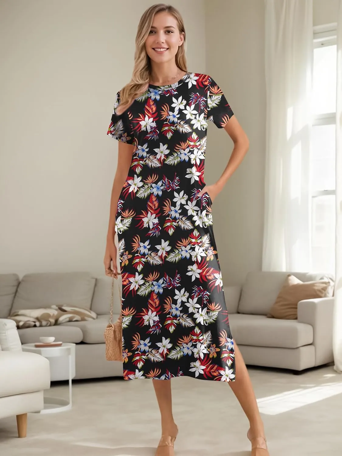 Womens Maxi Dresses Split Casual T Shirt Dress with Pockets Crew Neck Short Sleeve Summer Dresses