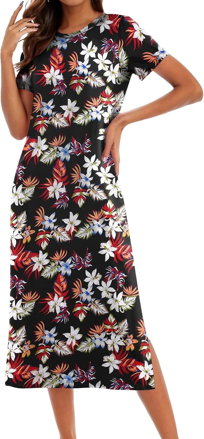 Womens Maxi Dresses Split Casual T Shirt Dress with Pockets Crew Neck Short Sleeve Summer Dresses