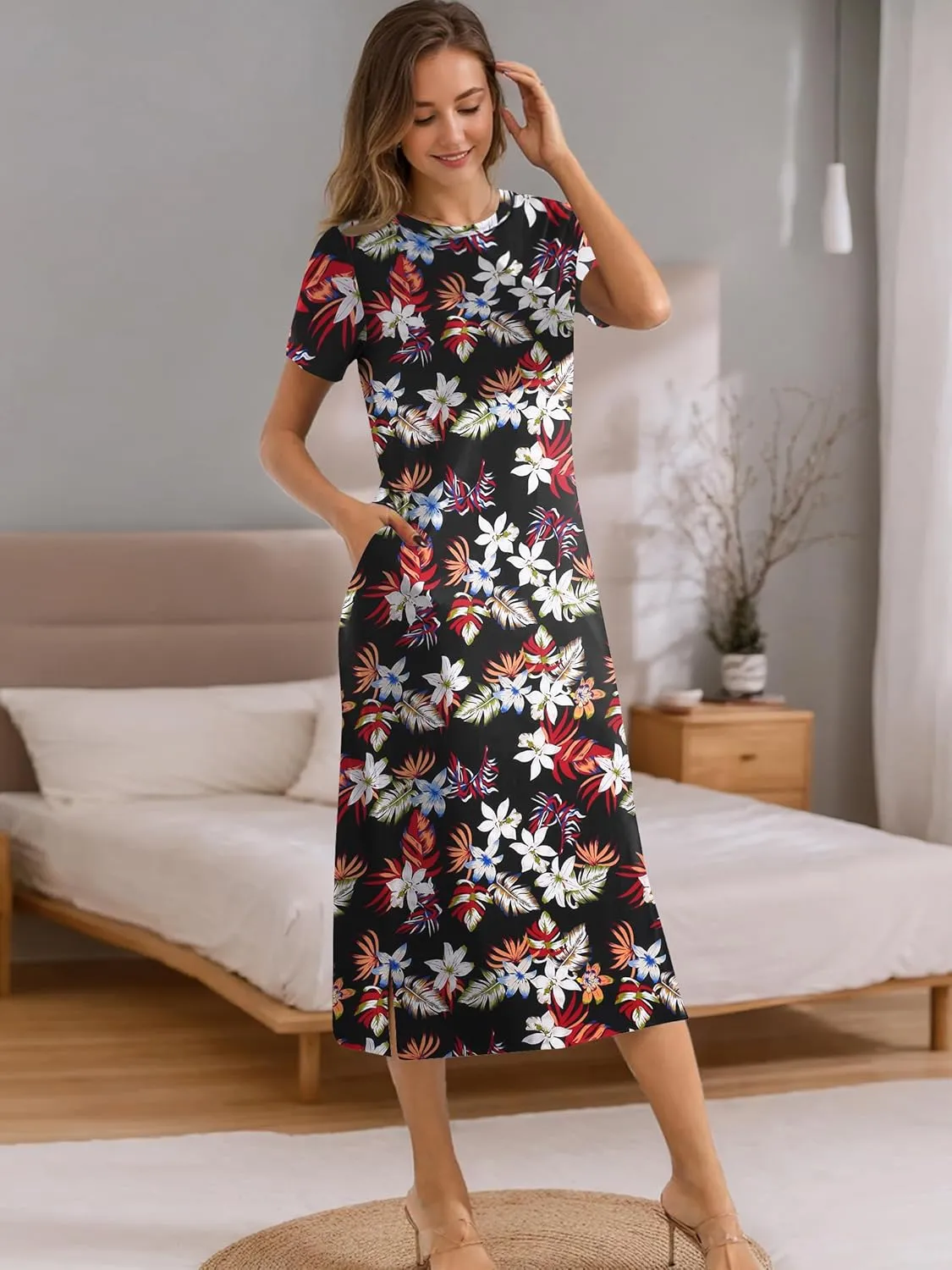 Womens Maxi Dresses Split Casual T Shirt Dress with Pockets Crew Neck Short Sleeve Summer Dresses