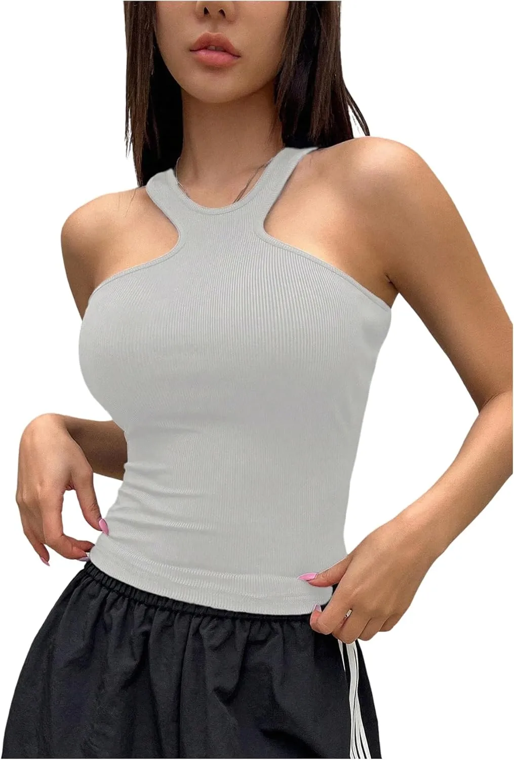 Women's Sleeveless Tank Top Halter Top Ribbed Knit Slim Fit Crop Tops Yoga Workout Shirts