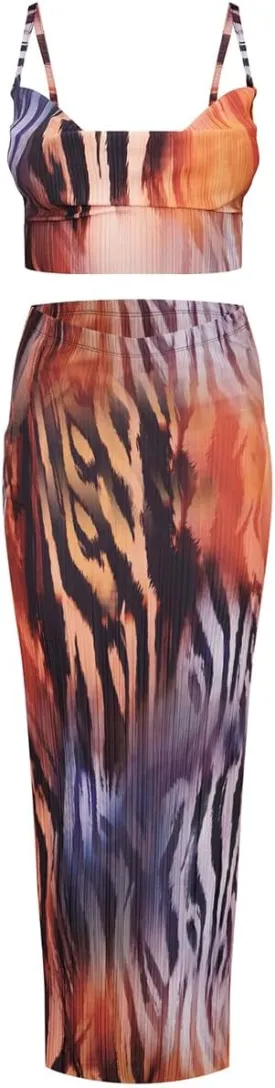 Women's Summer 2 Piece Beach Outfit Casual Sleeveless Pleated Cropped Tank Top High Waisted Maxi Skirt Set