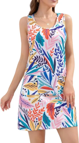 Women's Summer Dresses 2025 Casual Sleeveless Boho Beach Dress Scoop Neck T-Shirt Floral Sundress with Pocket