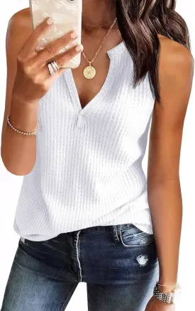 Womens Tank Tops V Neck Waffle Knit Summer Casual Sleeveless Loose Tee Shirts