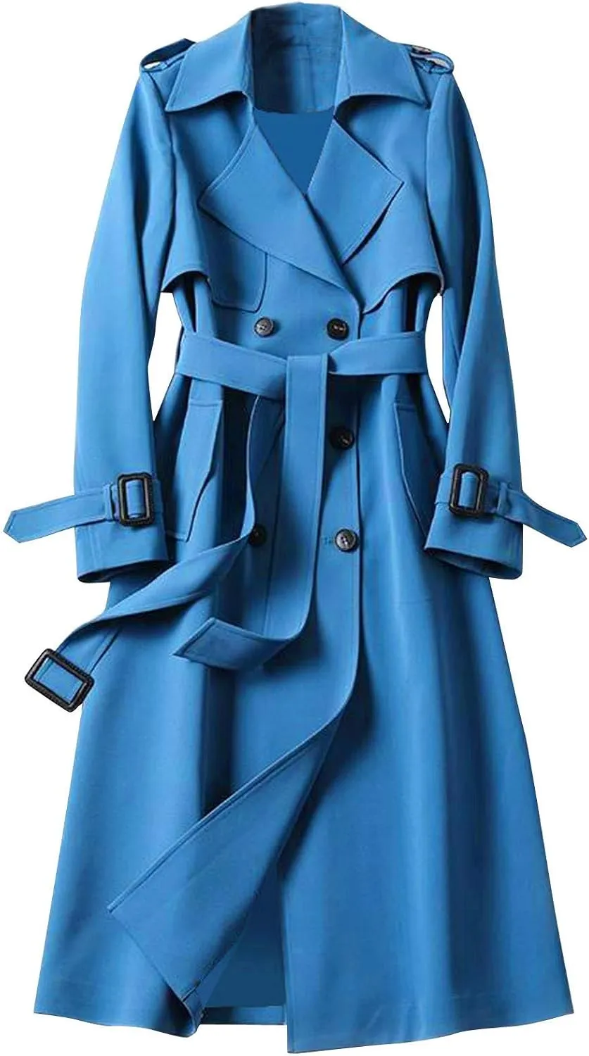Women's Trench Coat Plus Size Casual Double Breasted Overcoat Belted Midi Long Fall Winter Windbreaker Cardigan