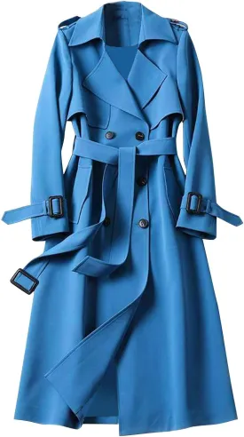 Women's Trench Coat Plus Size Casual Double Breasted Overcoat Belted Midi Long Fall Winter Windbreaker Cardigan