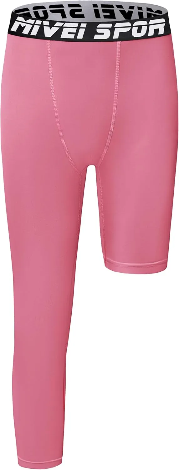 Youth Boys One Leg Compression Pants - 3/4 Kids Basketball Tights Girls Football Soccer Leggings Sports Base Layer