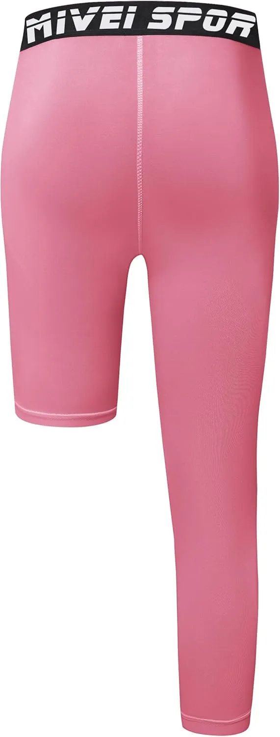 Youth Boys One Leg Compression Pants - 3/4 Kids Basketball Tights Girls Football Soccer Leggings Sports Base Layer